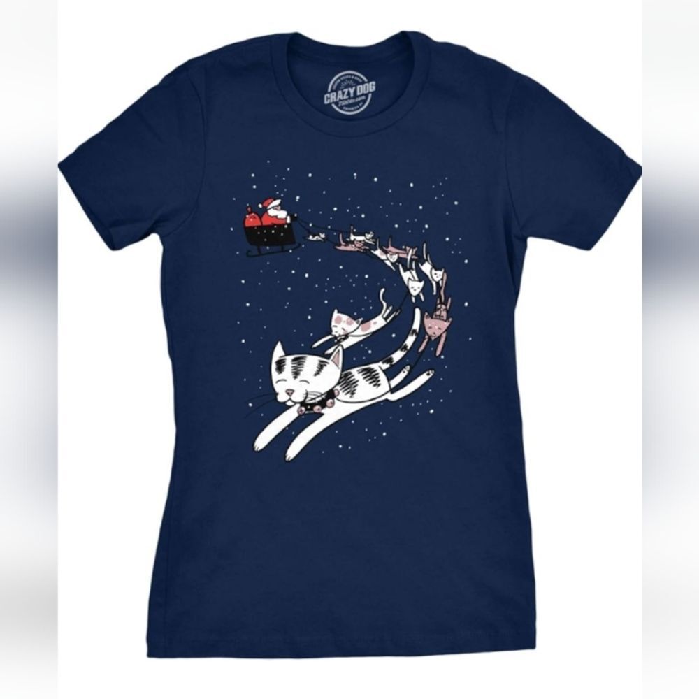 Crazy Dog Heathered Blue Funny Cat Santa T Shirt Size Medium NWOT